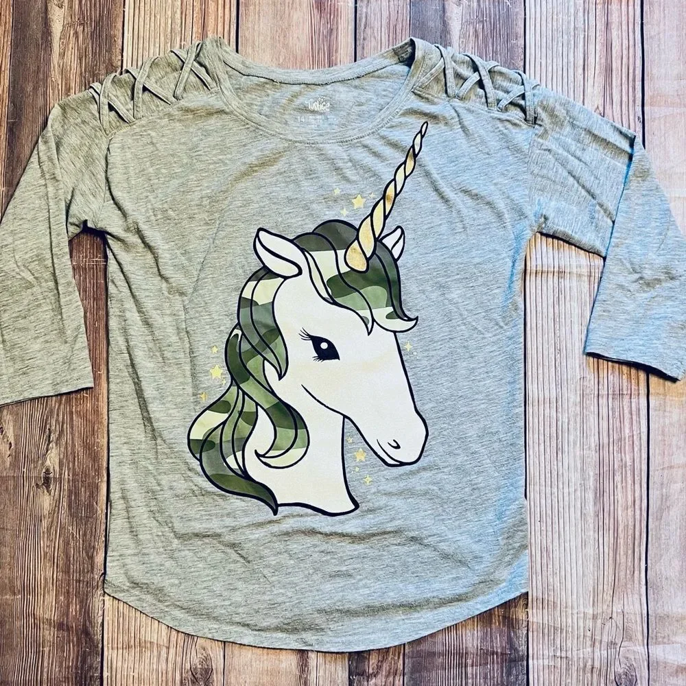 Justice Girls Size 14 Unicorn Graphic Crisscross Shoulder 3/4 Sleeve Top